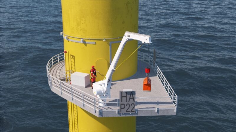 石狩湾新港洋上風力にPALFINGERの固定ブームクレーン14基設置