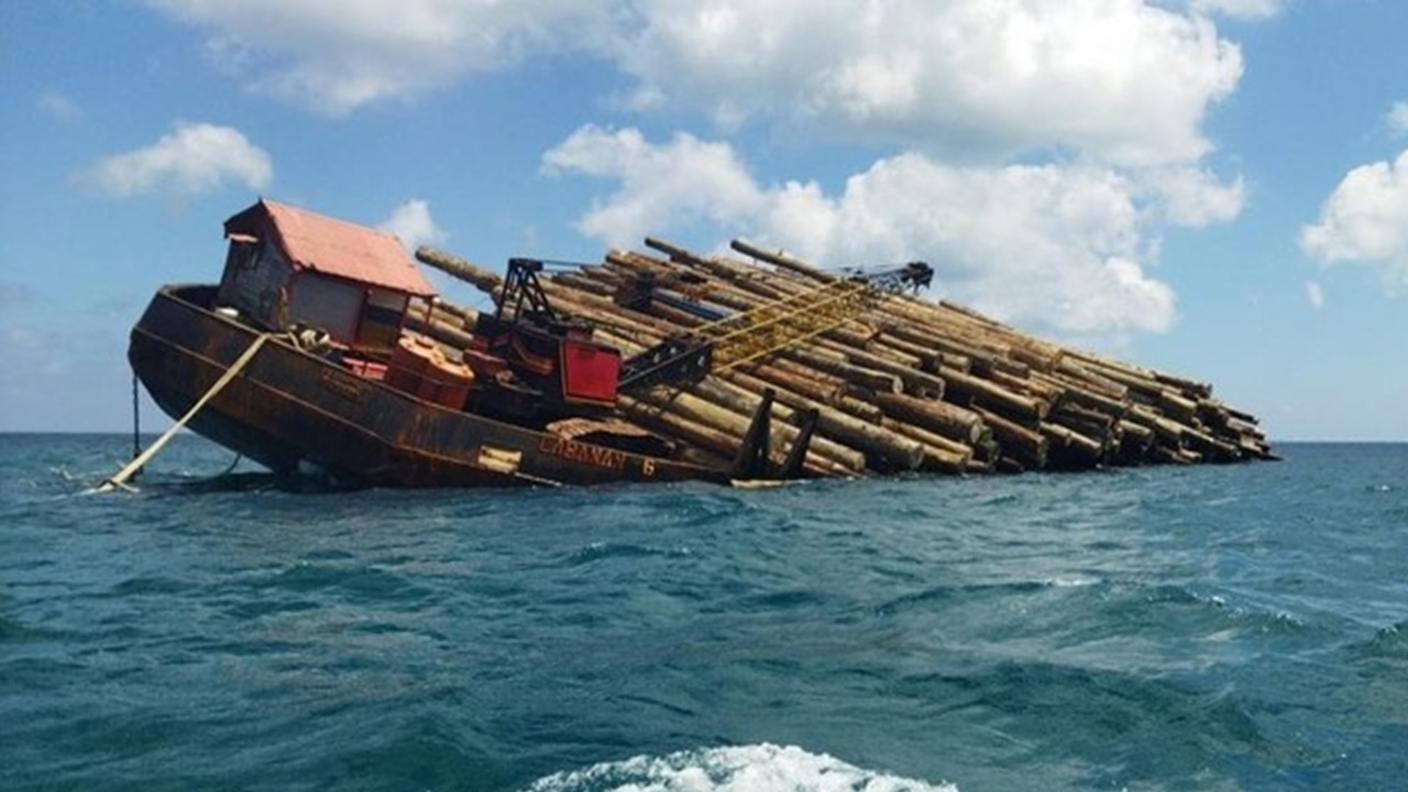 インドネシアのジャワ海で丸太を積んだバージが座礁