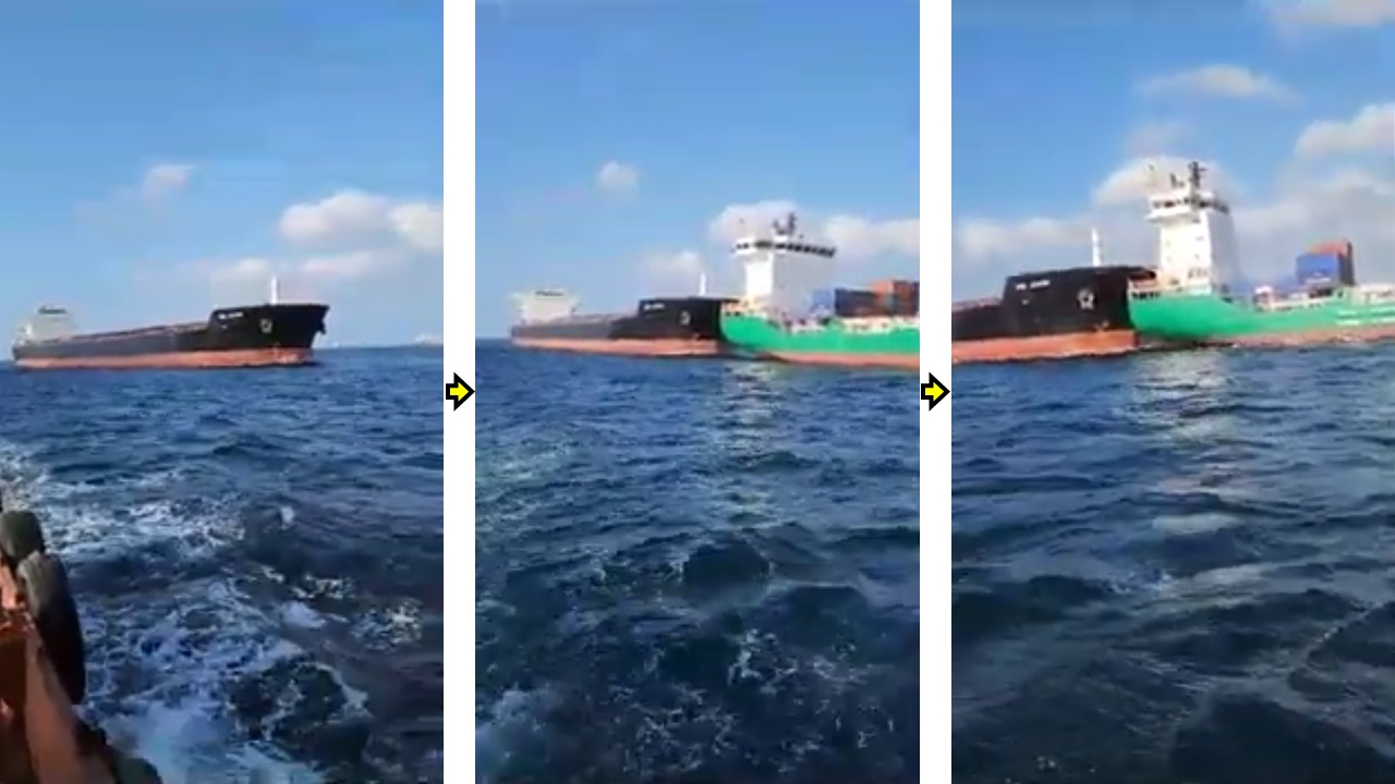 イスタンブール沖で貨物船が停泊中のコンテナ船に追突