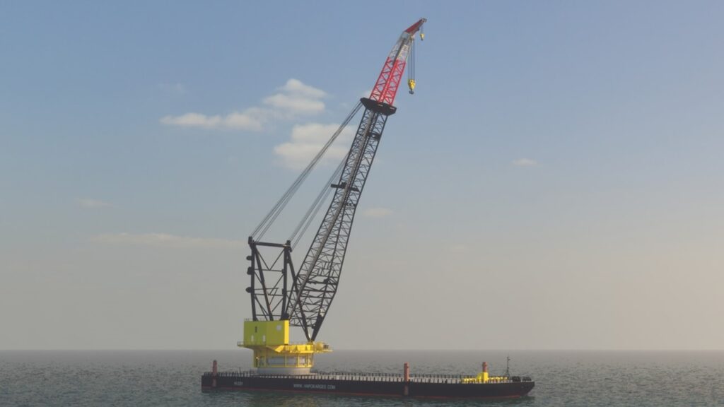 撤去したSEP船のクレーンをクレーン船に再利用