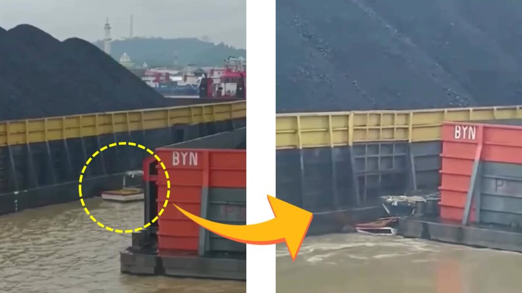 石炭貨物バージに挟まれた小型ボートが破壊され沈没、乗船者は無事