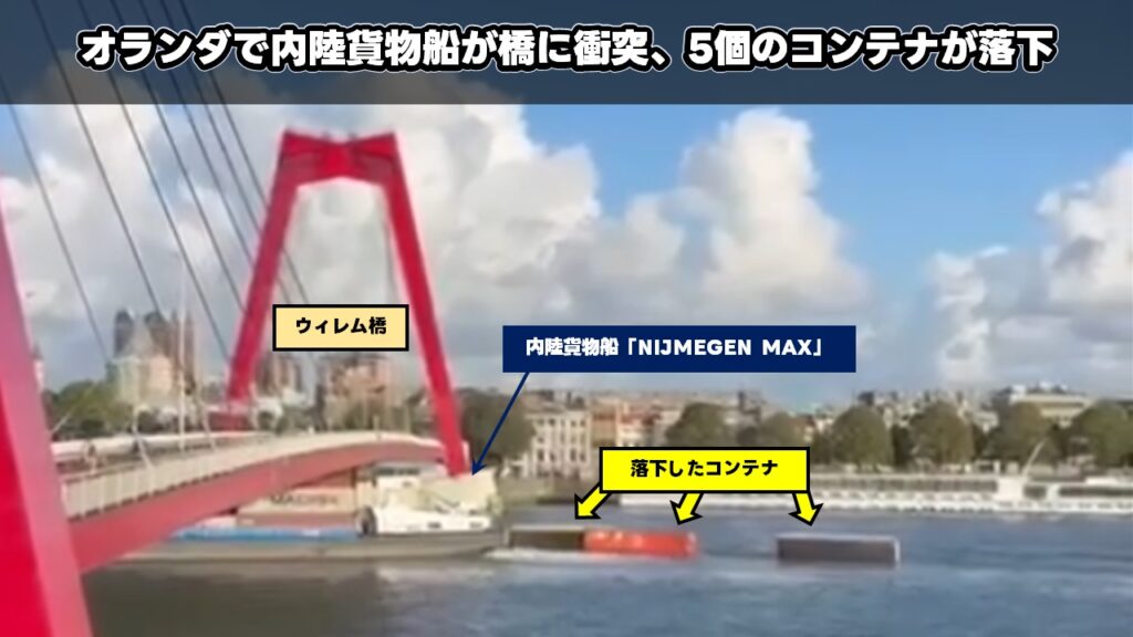 オランダで内陸貨物船が橋に衝突、5個のコンテナが落下