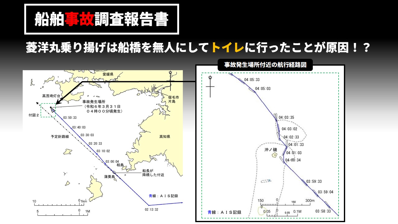 菱洋丸乗り揚げに関する事故調査報告書、原因は船橋を無人にしてトイレ