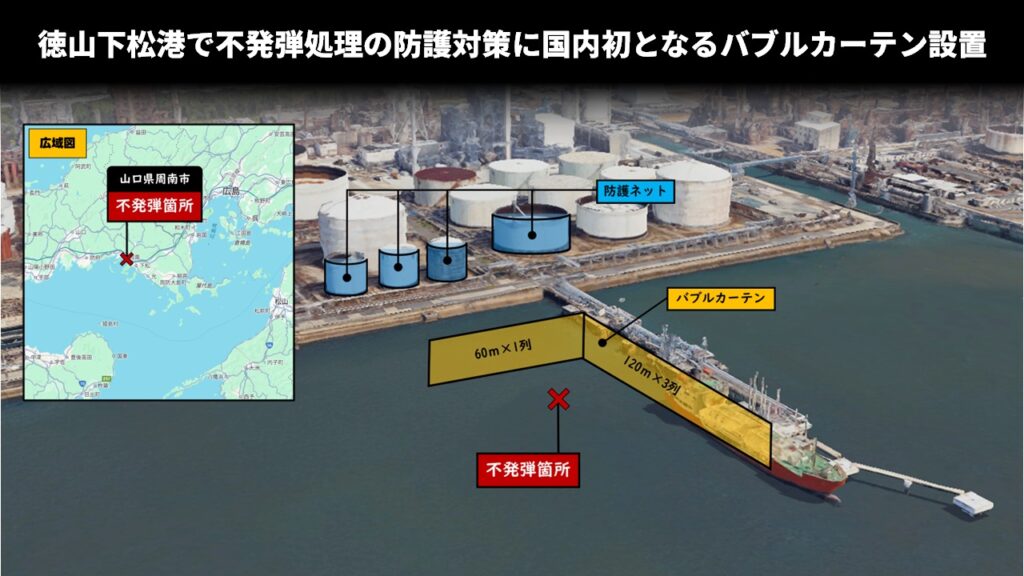 徳山下松港で不発弾処理の防護対策に国内初となるバブルカーテン設置