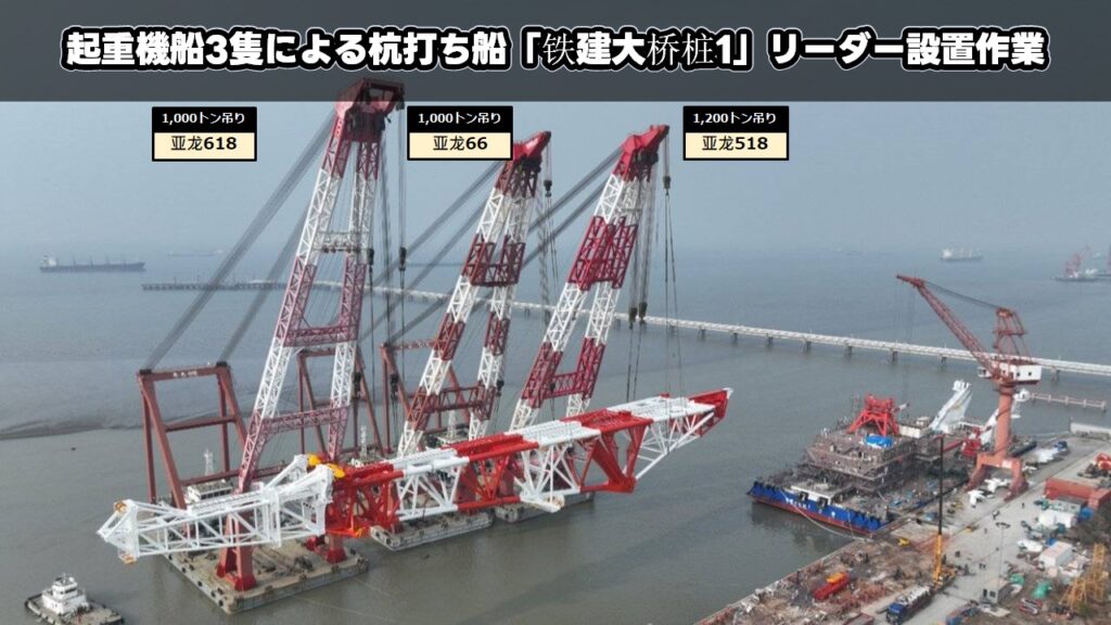 起重機船3隻による杭打ち船「铁建大桥桩1」リーダー設置作業