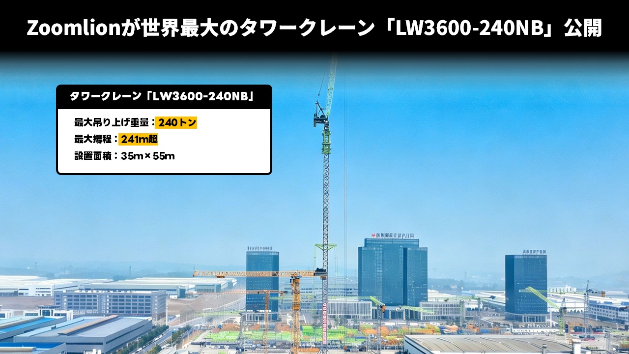 Zoomlionが世界最大級のタワークレーン「LW3600-240NB」公開
