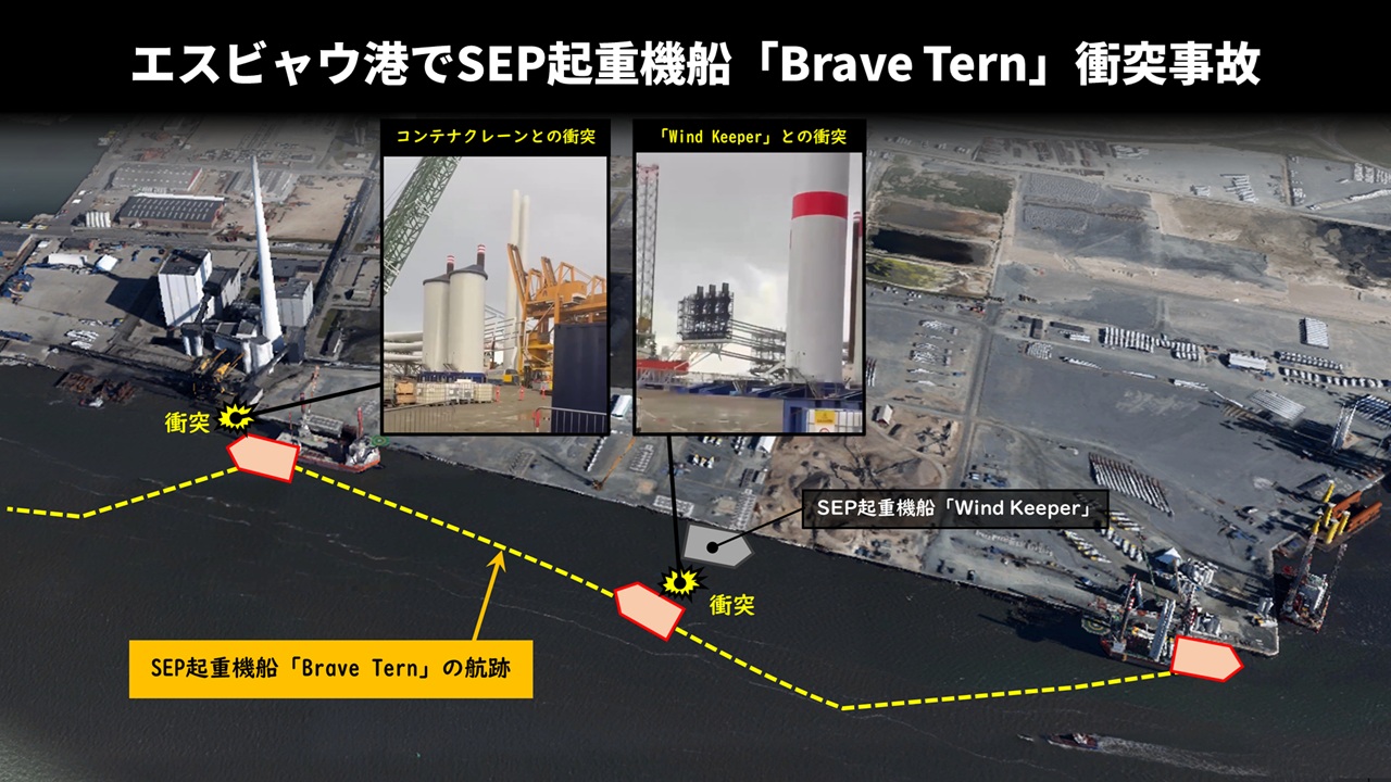 エスビャウ港でSEP起重機船「Brave Tern」衝突事故