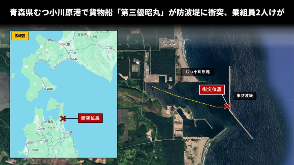 青森県むつ小川原港で貨物船「第三優昭丸」が防波堤に衝突、乗組員2人けが