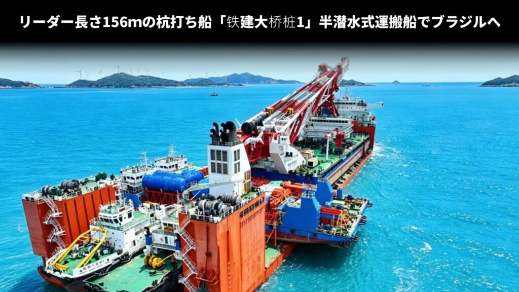 リーダー長さ156ｍの杭打ち船「铁建大桥桩1」半潜水式運搬船でブラジルへ